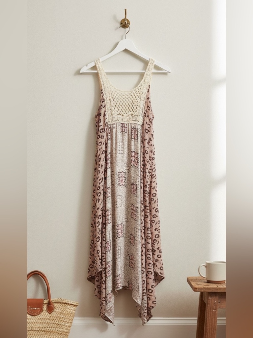 Maurices Pink Geometric Pattern Crochet Lace Handkerchief Hem Maxi Dress Size S